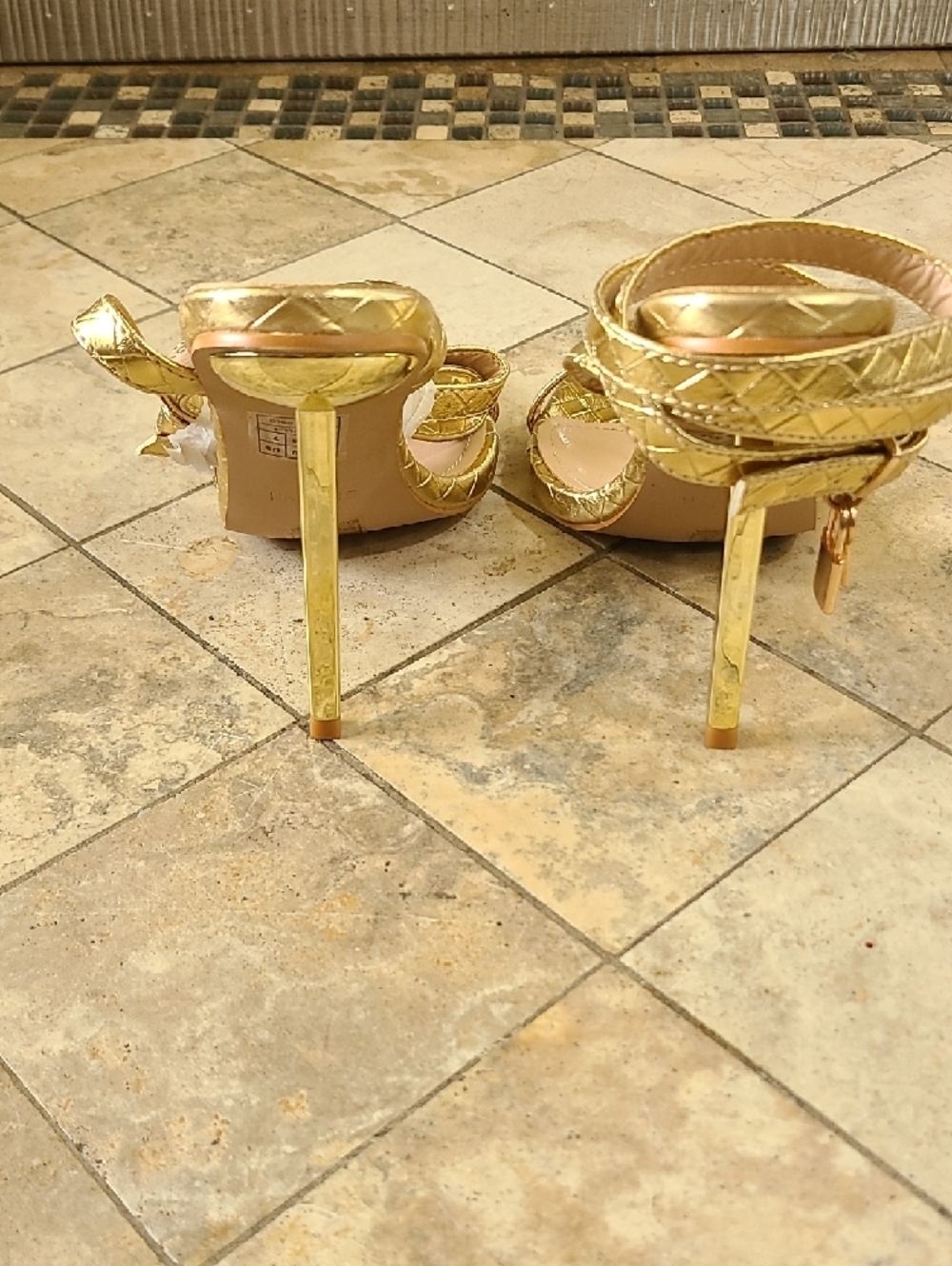 Women's Metallic Gold Quilted Strappy Stiletto Sandals - Picture 5 of 10